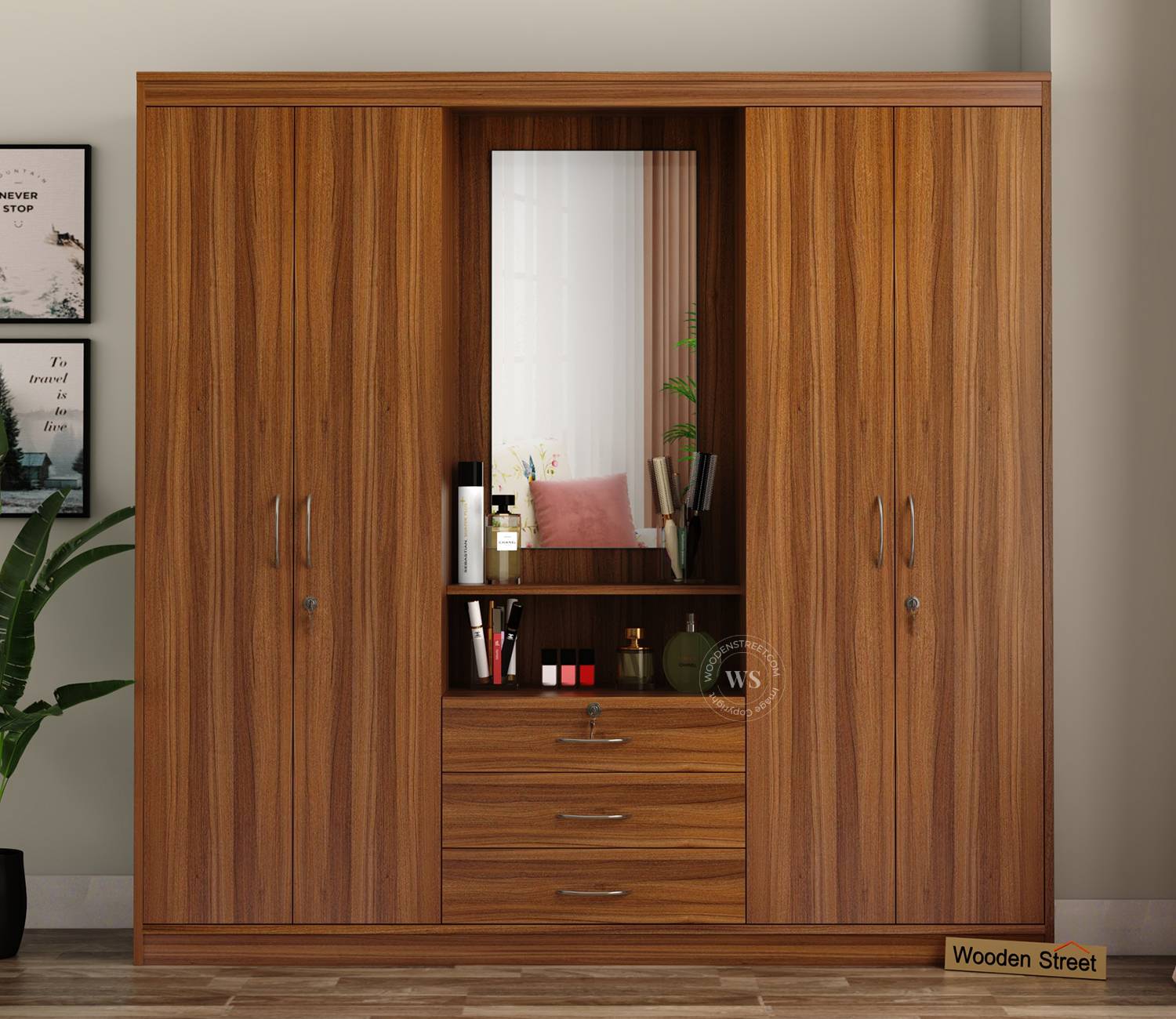 Celestin 4 Door Wardrobe with Dresser – Exotic Teak Finish
